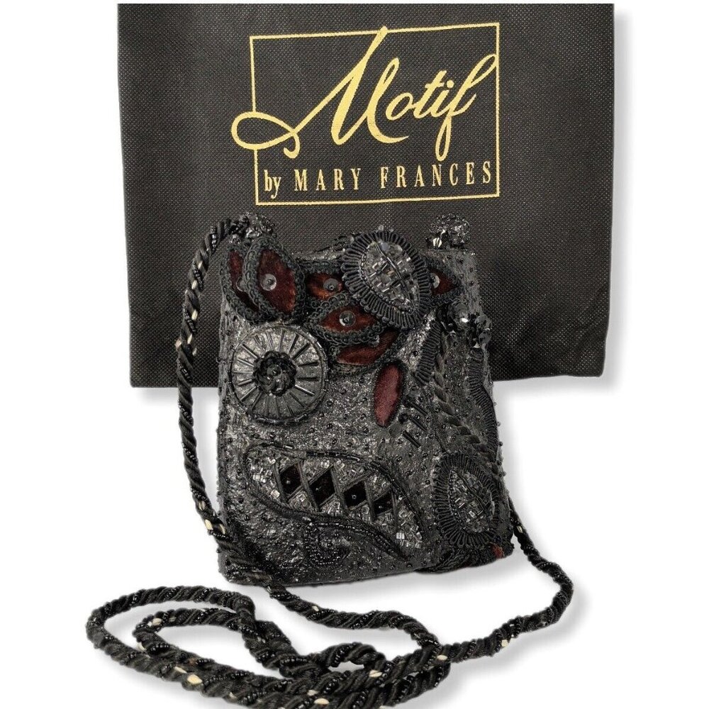 VTG Mary Frances Black Burgundy Velvet Embellished Beaded Small Shoulder Bag